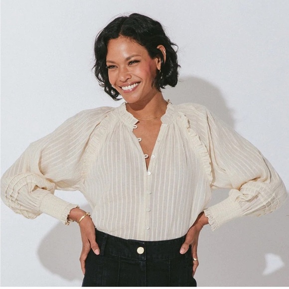 Cleobella Ari Blouse Peasant Top in Ivory with Gold sparkle S - Picture 3 of 9